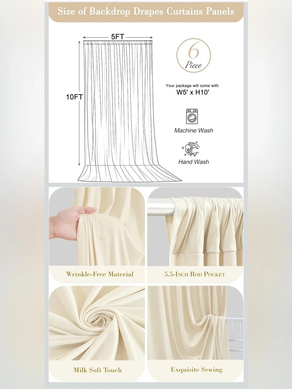 30x10ft Beige Backdrop Curtain -6 Panels 5x10FT For Wedding Photo Birthday Baby